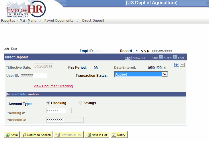 Direct Deposit Page