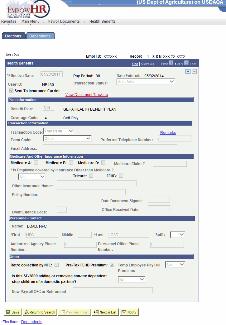 Health Benefits Page - Elections Tab