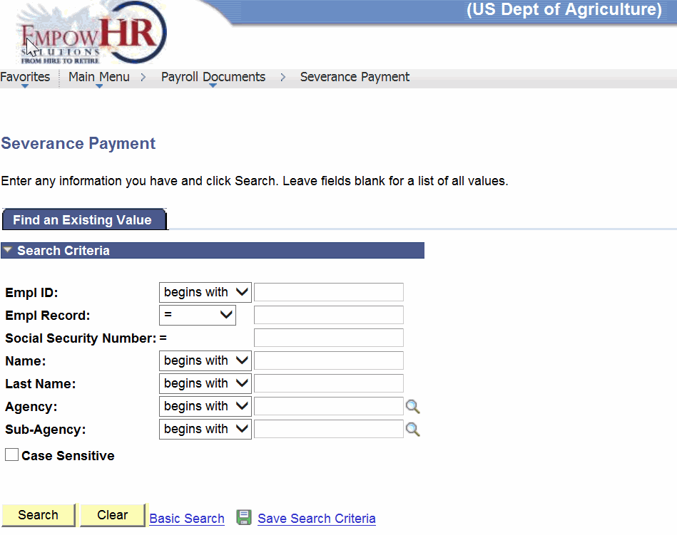 Severance Payment Page - Find an Existing Value Tab