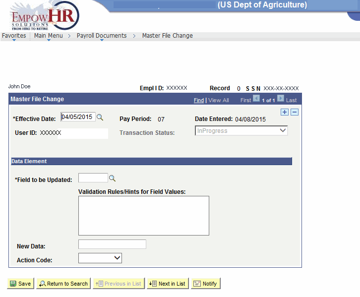 Master File Change Page
