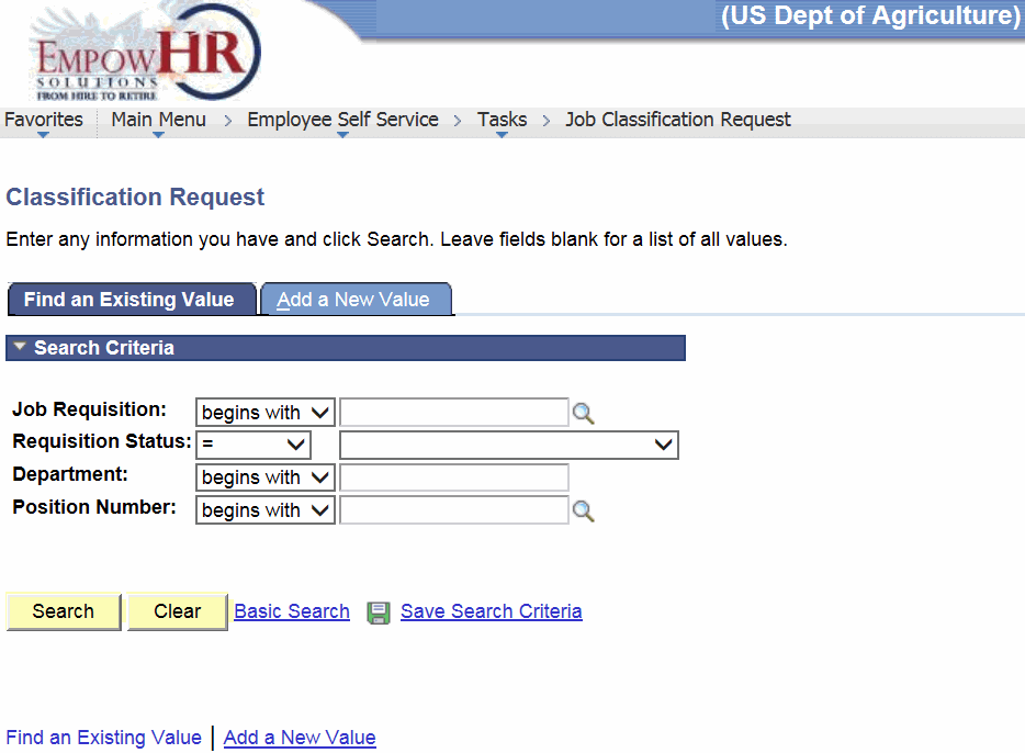 Classification Request Page - Find an Existing Value Tab