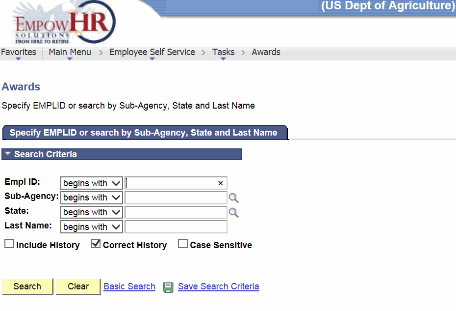 Awards Page - Specify EMPLID or search by Sub-Agency, State and Last Name Tab