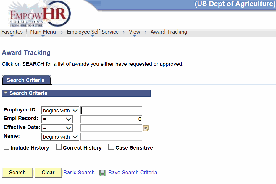 Award Tracking Page - Search Criteria Tab