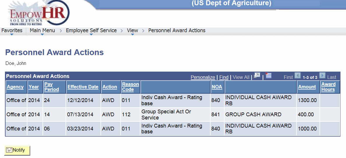 Personnel Award Actions Page