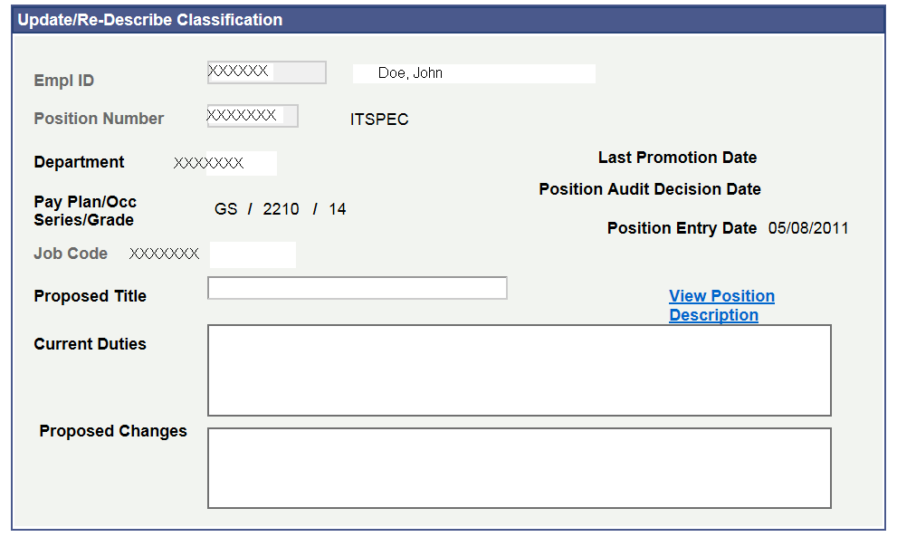 Job Classification Request Page (Update/Re-Describe Classification section)
