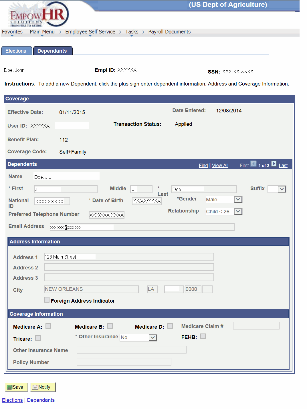 Health Benefits Page - Dependants Tab