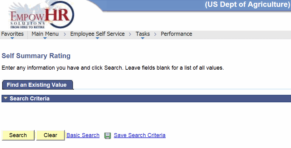 Self Summary Rating Page - Find an Existing Value Tab