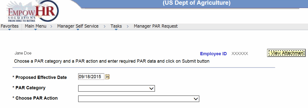 Manager PAR Request Page (with employee selected)