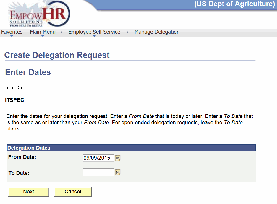 Create Delegation Request Page