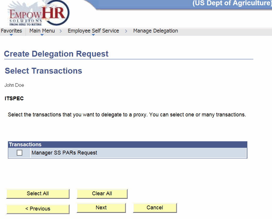 Create Delegation Request Page - Select Transactions