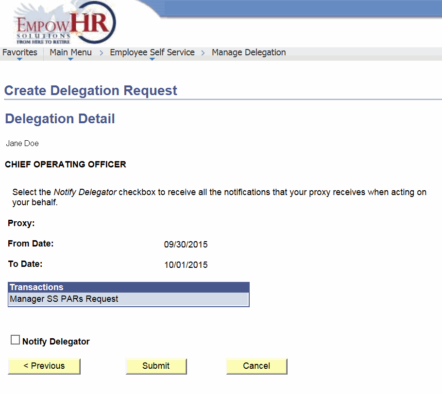 Create Delegation Request Page - Delegation Detail