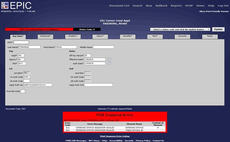 Suspense Document and Suspense Transaction Page