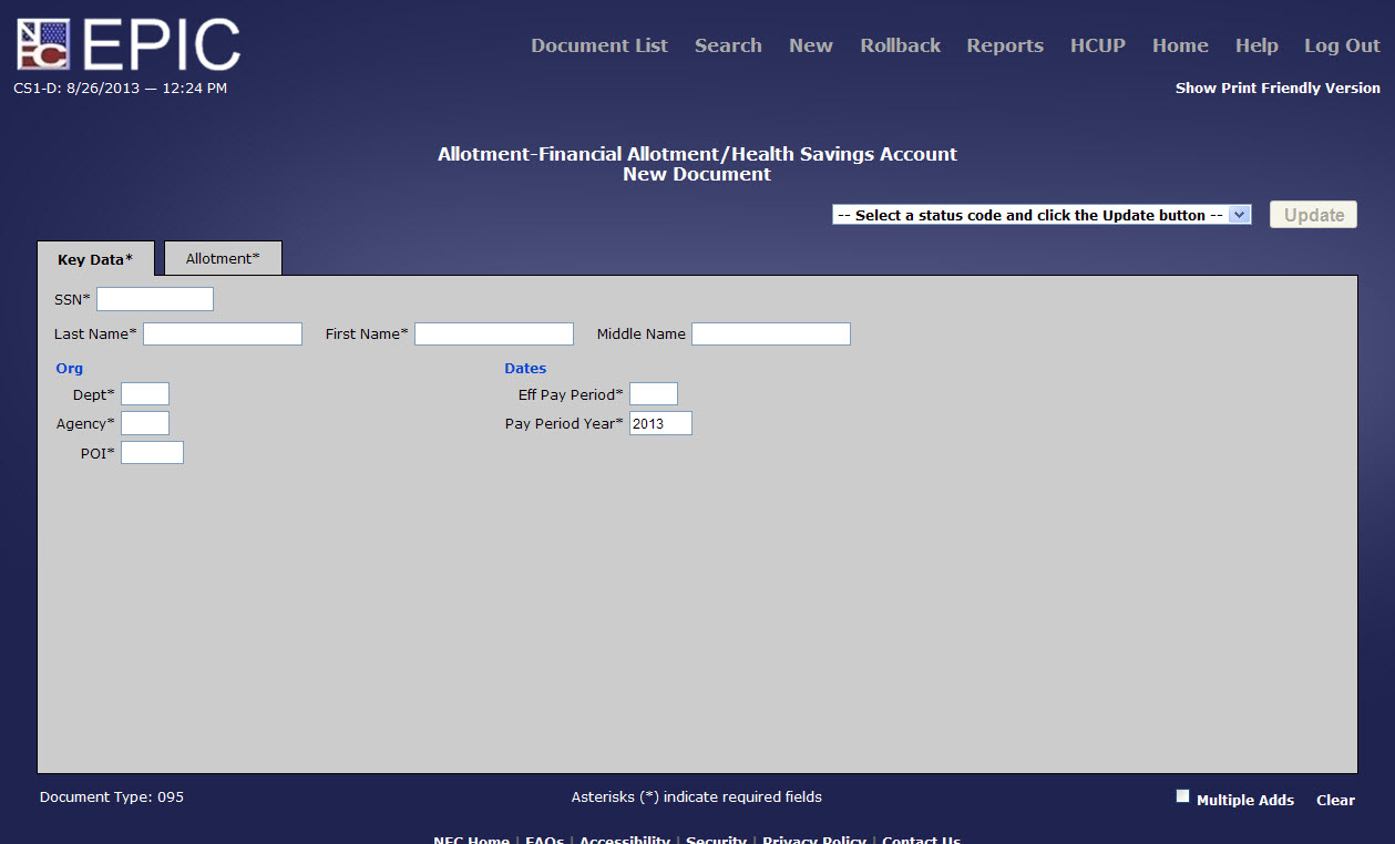 Allotment*-Financial Allotment/Health Savings Account Key Data Tab