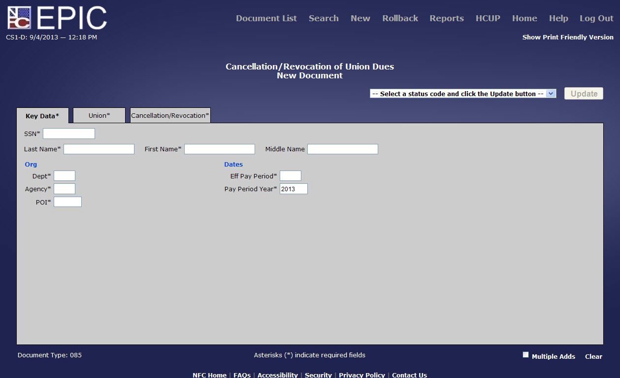 Cancellation/Revocation of Union Dues Key Data* Tab