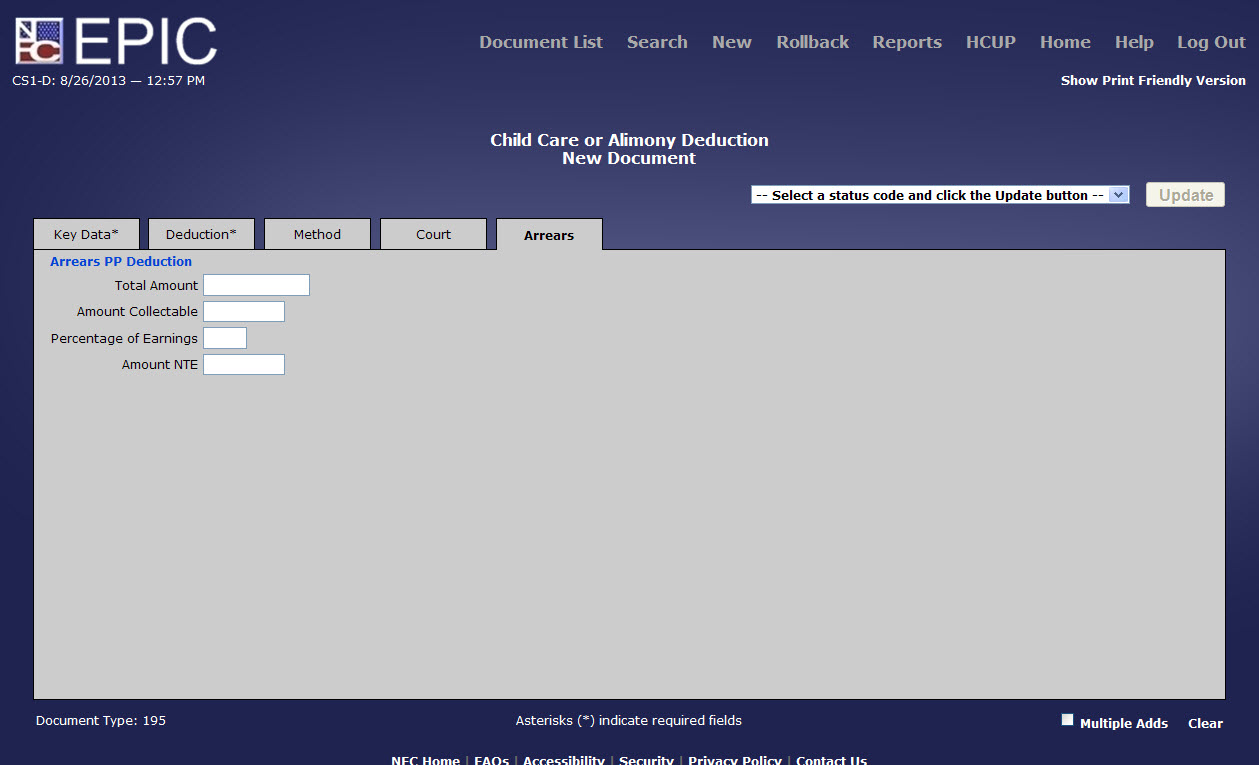 Child Care or Alimony - Arrears Tab