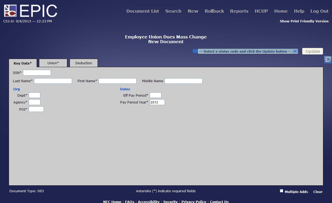 Employee Union Dues Mass Change Key Data* Tab
