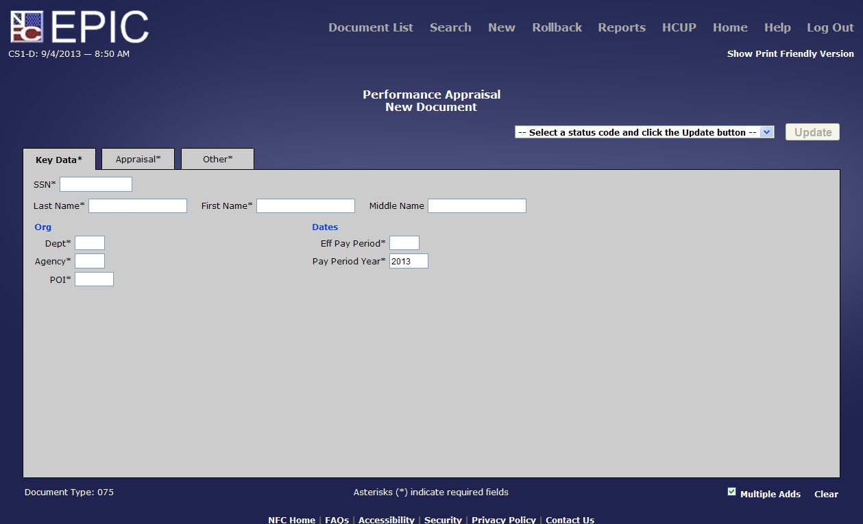 Performance Appraisal Key Data* Tab