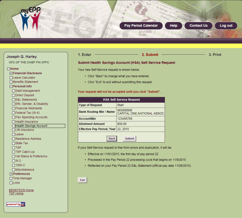 Submit Health Savings Account (HSA) Self Service Request Page