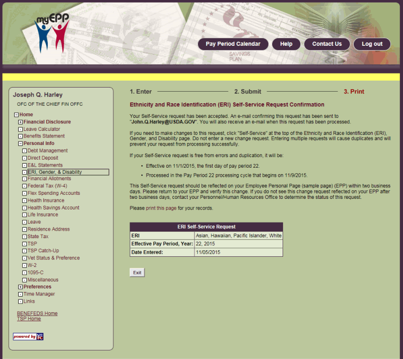 Ethnicity and Race Identification (ERI) Self-Service Request Confirmation Page