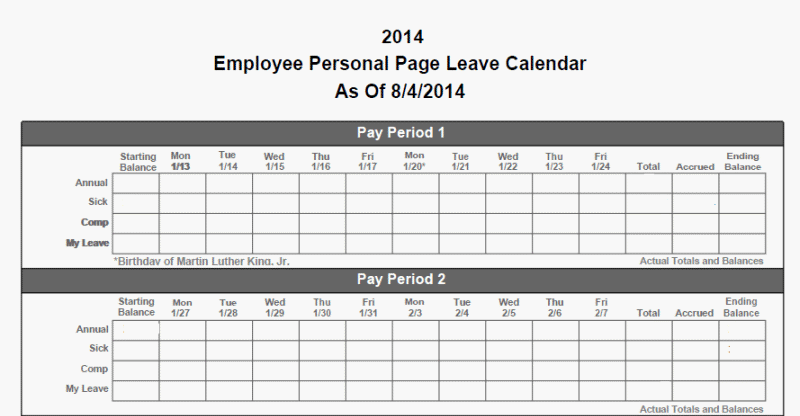 Employee Personal Page Leave Calendar Page