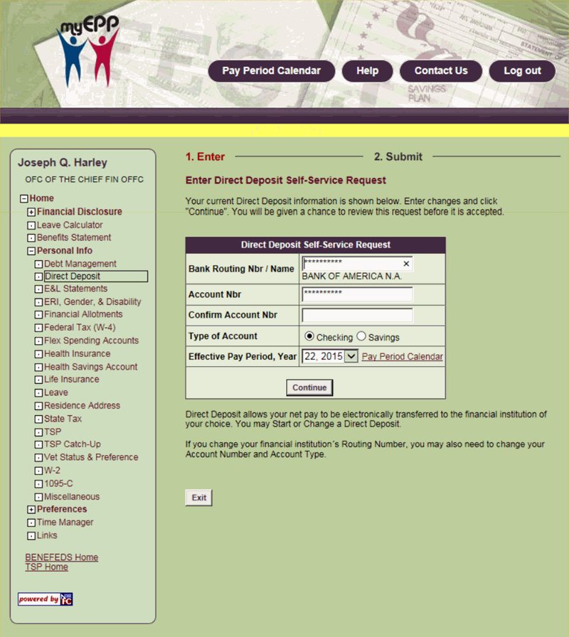 Enter Direct Depost Self-Service Request Page