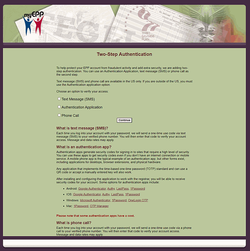Two-Step Authentication page
