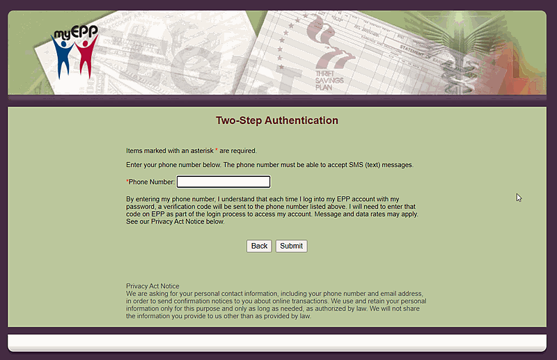 Two-Step Authentication Phone Number page