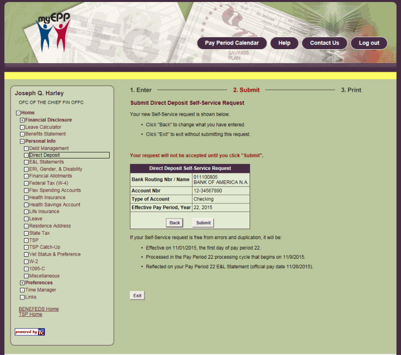 Submit Direct Deposit Self-Service Request Page