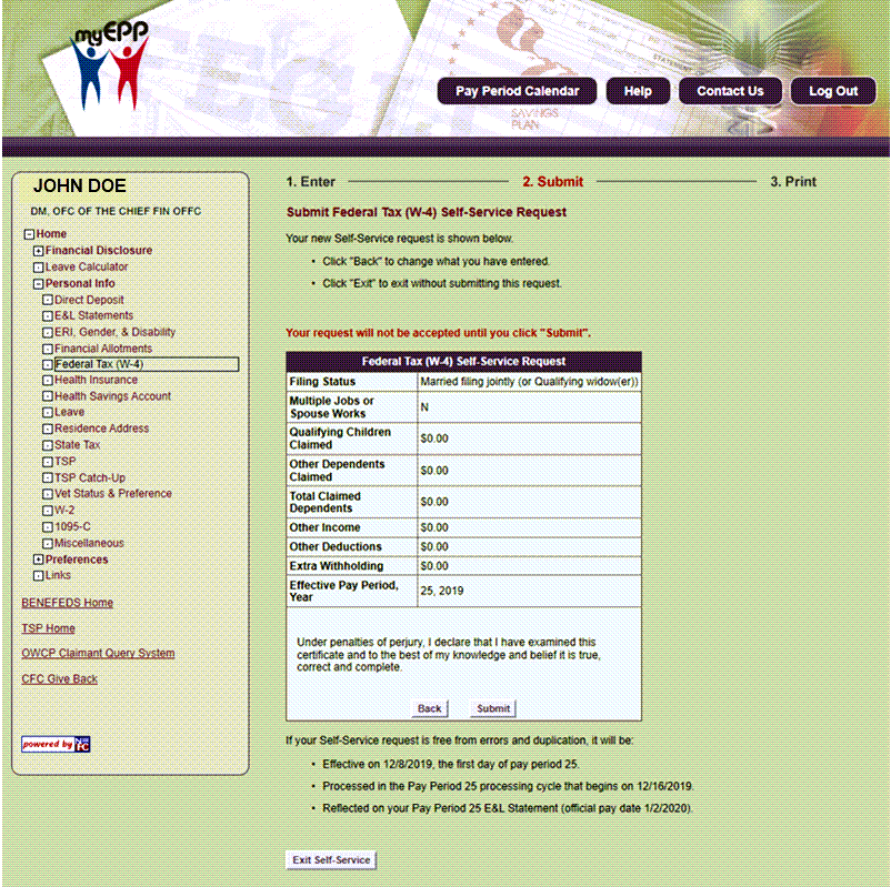 EPP Submit Federal Tax W 4 Self Service Request Page