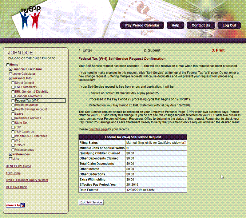 EPP Federal Tax W4 Self Service Request Confirmation Page