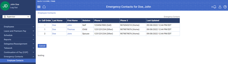 Emergency Contacts for Page