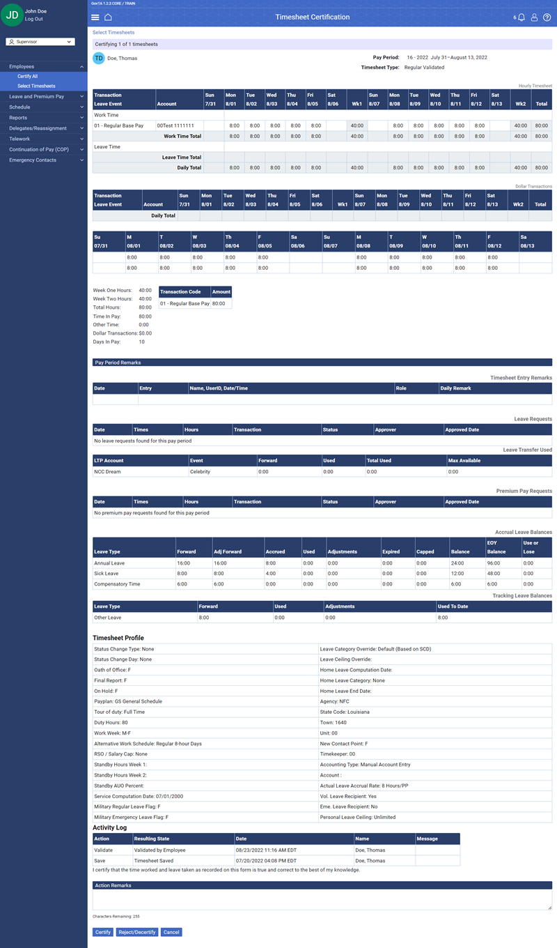 Timesheet Certification page