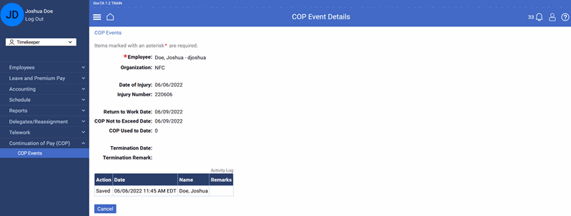 COP Event Details page