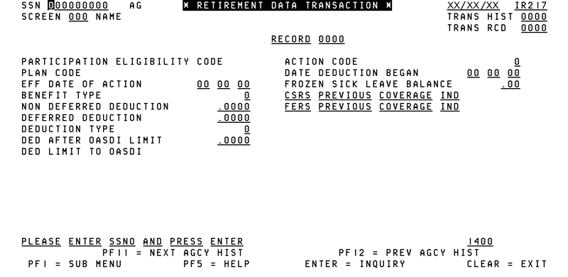 217, Retirement Data Transaction Screen
