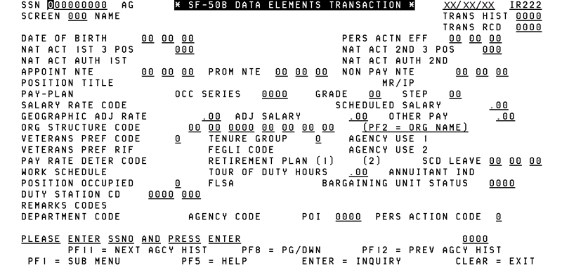 222, SF-50B Data Elements Transaction Screen