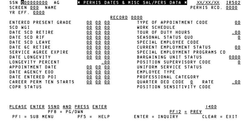 IR502, Perhis Dates & Misc Sal Pers Data Screen
