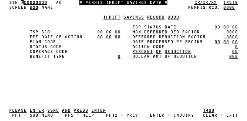 IR518, Perhis Thrift Savings Data Screen