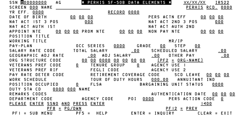 IR522, Perhis SF050B Data Elements Screen