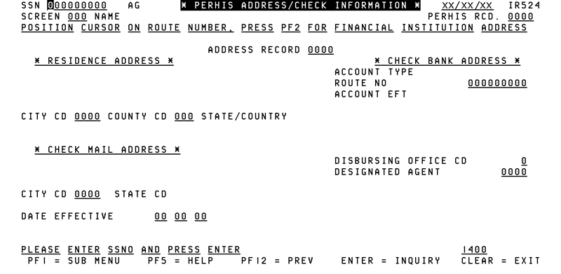 IR524, Perhis Address Check Information Screen