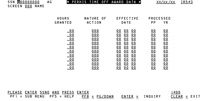 IR543, Perhis Time Off Award Data Screen
