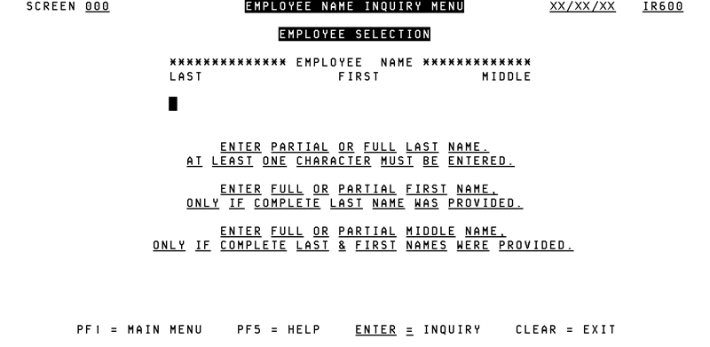 IR600, Employee Name Inquiry Menu Screen