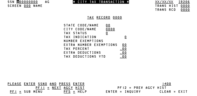 206, City Tax Transaction Screen