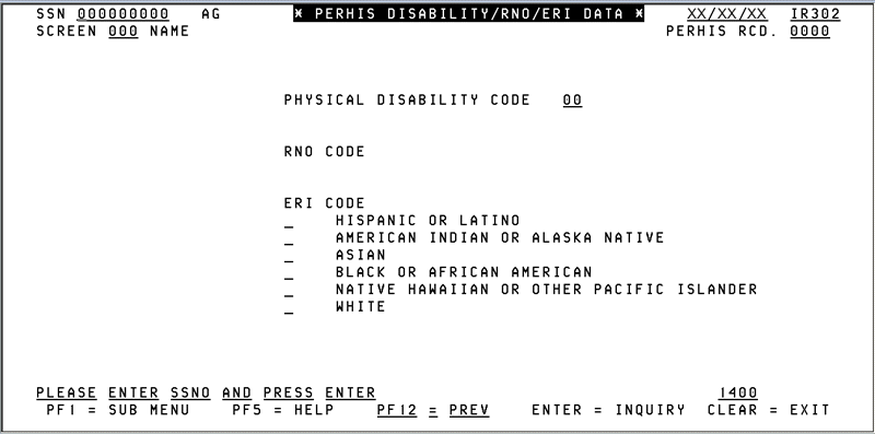 IR302, Perhis Disability_RNO_ERI Data Screen