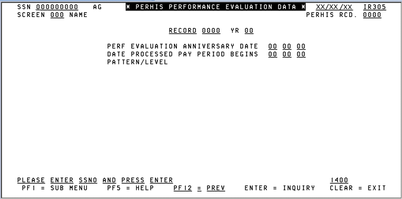 IR305, Perhis Performance Evaluation Data Screen