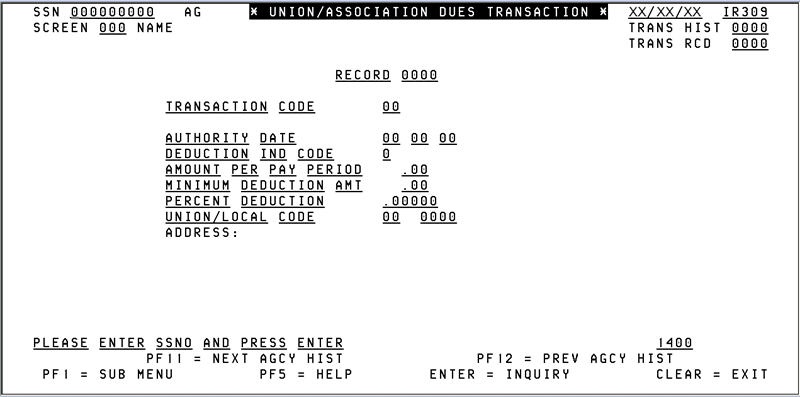 IR309, Union_Association Dues Transaction Screen