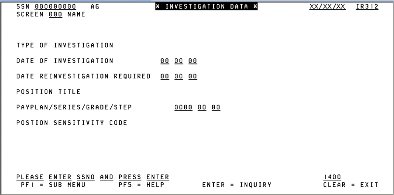 IR312, Investigation Data Screen