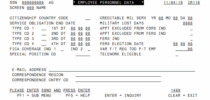 IR119, Employee Personnel Data Screen