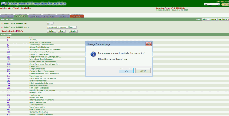 Budget Subfunction Code Delete Warning Page