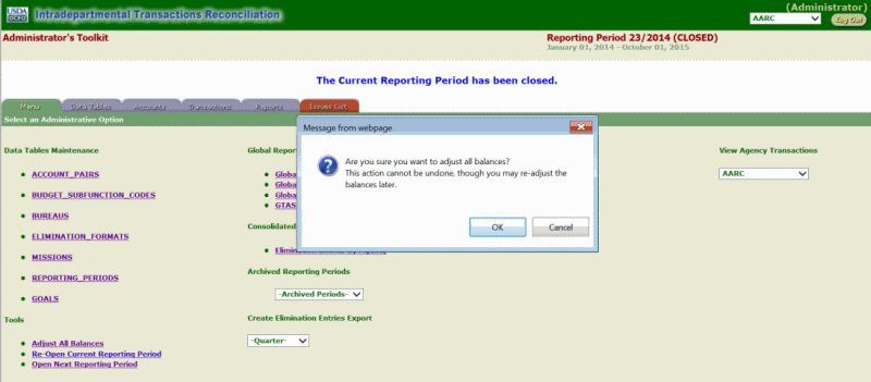 ITRS Adjust All Balances Page (Warning Message)