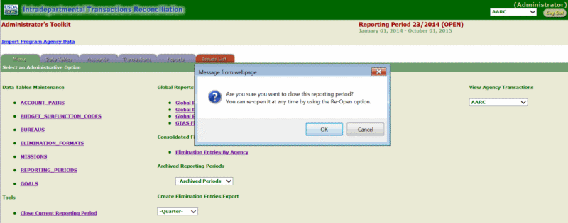 ITRS Close Current Reporting Period Page (Warning Pop-up)
